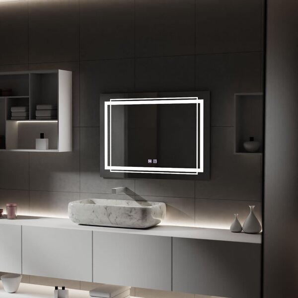 Téglalap alakú LED tükör, 80x60cm, KOVEN érintőképernyős, páramentesítő rendszerrel, fényerő-szabályozható