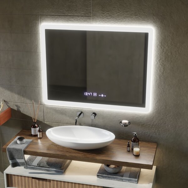 Téglalap alakú LED tükör, 80x60cm, Zampa MotionGlow Marcello szenzor, páramentesítő rendszer, óra és hőmérő, fényerő-szabályozható