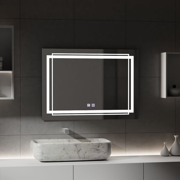 Téglalap alakú LED tükör, 80x60cm, KOVEN érintőképernyős, páramentesítő rendszerrel, fényerő-szabályozható