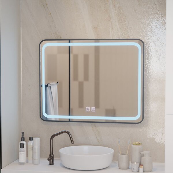 Téglalap alakú LED tükör 80x60cm – EDGE Touch páramentesítő rendszer, fekete keret