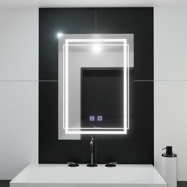 Téglalap alakú LED tükör, 60x80cm, KOVEN érintőképernyős, páramentesítő rendszerrel, fényerő-szabályozható
