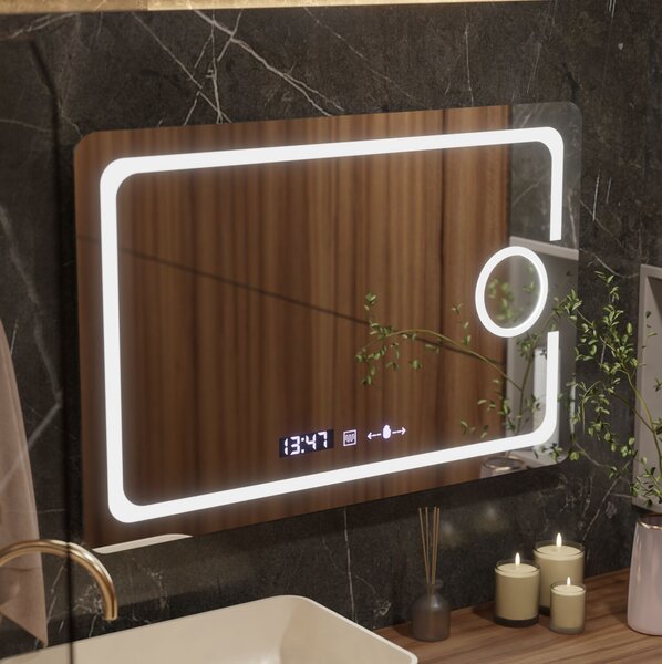 Téglalap alakú LED tükör, 120x80cm, Eclat MotionGlow Marcello, páramentesítő rendszer, óra és hőmérő, kozmetikai nagyító, fényerő-szabályozható