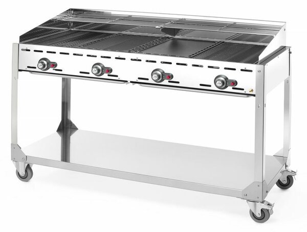 Hendi Green Fire grillsütő, 4 égővel, Profi Termékcsalád, gurulós, 22kW, 1400x612x(H)825mm, Világos szürke