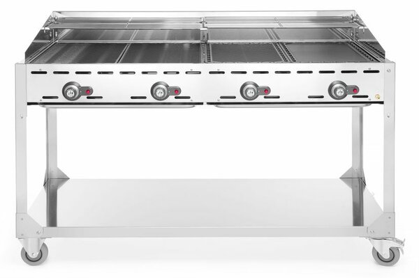 Hendi Green Fire grillsütő, 4 égővel, Profi Termékcsalád, gurulós, 22kW, 1400x612x(H)825mm, Világos szürke