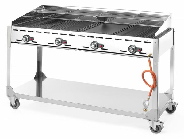 Hendi Green Fire grillsütő, 4 égővel, Profi Termékcsalád, gurulós, 22kW, 1400x612x(H)825mm, Világos szürke