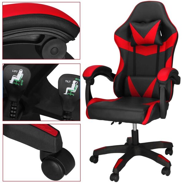 Gaming irodai szék, ergonomikus, deréktámasz és fejtámla, 114-123x55x50 cm, fekete és piros