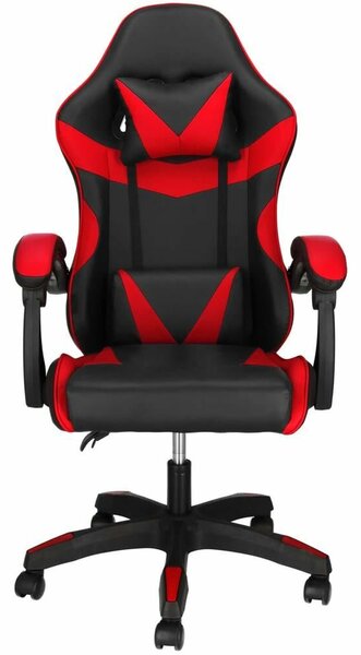 Gaming irodai szék, ergonomikus, deréktámasz és fejtámla, 114-123x55x50 cm, fekete és piros