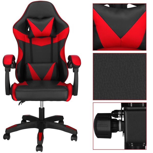 Gaming irodai szék, ergonomikus, deréktámasz és fejtámla, 114-123x55x50 cm, fekete és piros