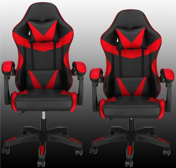 Gaming irodai szék, ergonomikus, deréktámasz és fejtámla, 114-123x55x50 cm, fekete és piros