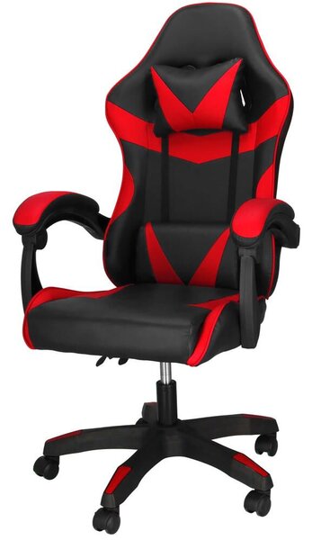 Gaming irodai szék, ergonomikus, deréktámasz és fejtámla, 114-123x55x50 cm, fekete és piros