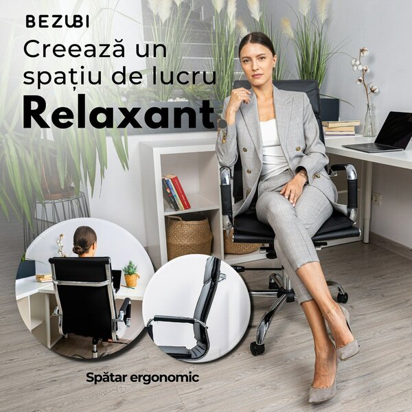 Invincio Manager irodai szék, kényelmes, forgatható, ergonómikus, magas háttámlával, állítható magasságú és dőlésszögű, prémium műbőr kárpitozás, kartámasz, krómozott váz, csendes kerekek, fe