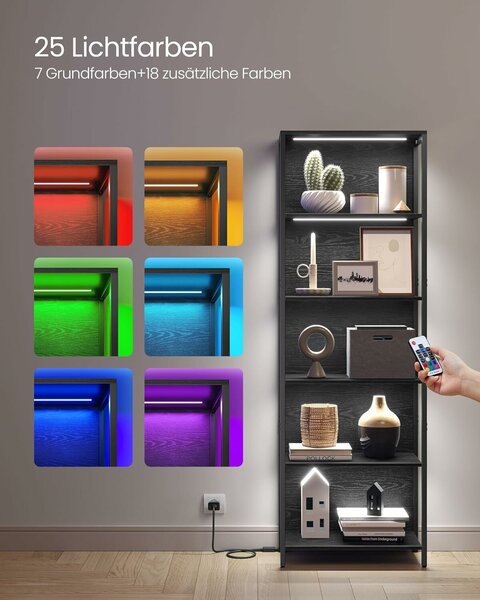 6 szintes könyvespolc, álló polcrendszer állítható LED világítással, 30,3 x 60 x 178,6 cm