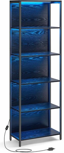 6 szintes könyvespolc, álló polcrendszer állítható LED világítással, 30,3 x 60 x 178,6 cm