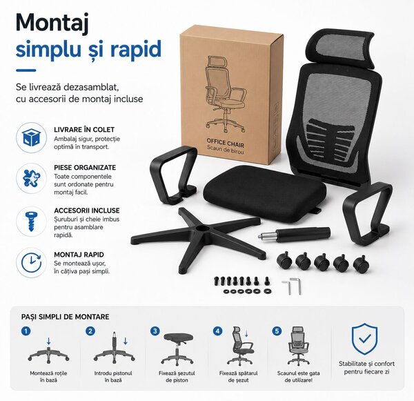 Ergonomikus, állítható irodai és gamer szék, sötétfekete, 2D fejtámla, szinkronmechanizmus, hálós háttámla a fokozott kényelemért
