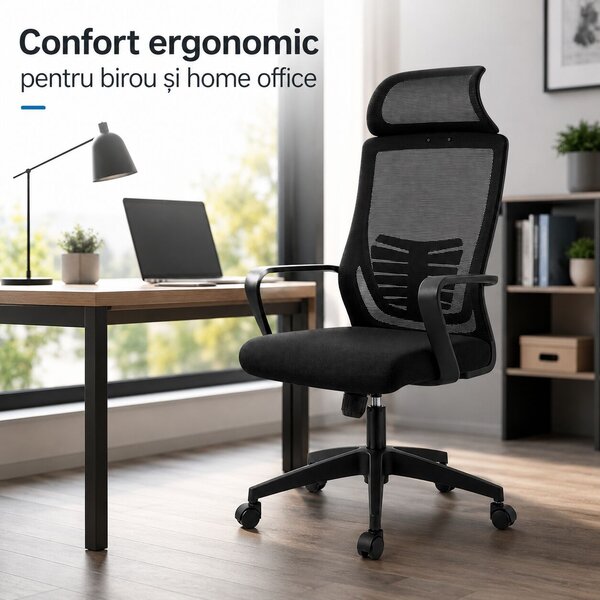 Ergonomikus, állítható irodai és gamer szék, sötétfekete, 2D fejtámla, szinkronmechanizmus, hálós háttámla a fokozott kényelemért