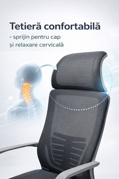 Ergonomikus, állítható irodai és gamer szék, szürke, 2D fejtámla, szinkronmechanizmus, hálós háttámla a fokozott kényelemért