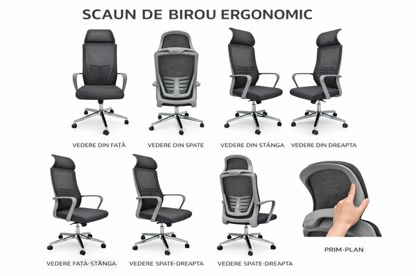 Ergonomikus, állítható irodai és gamer szék, szürke, 2D fejtámla, szinkronmechanizmus, hálós háttámla a fokozott kényelemért