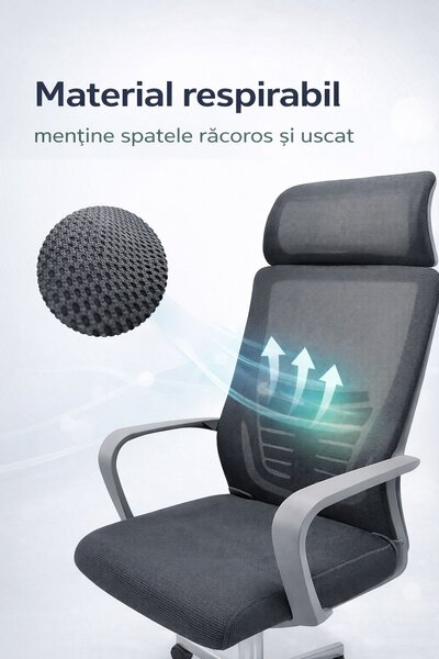 Ergonomikus, állítható irodai és gamer szék, szürke, 2D fejtámla, szinkronmechanizmus, hálós háttámla a fokozott kényelemért