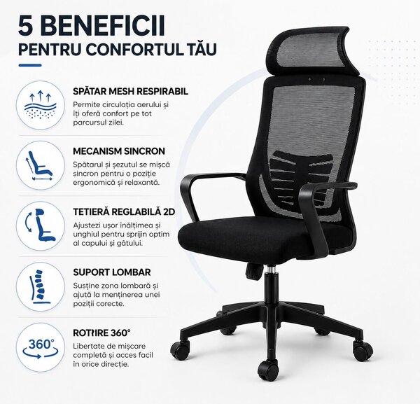 Ergonomikus, állítható irodai és gamer szék, sötétfekete, 2D fejtámla, szinkronmechanizmus, hálós háttámla a fokozott kényelemért