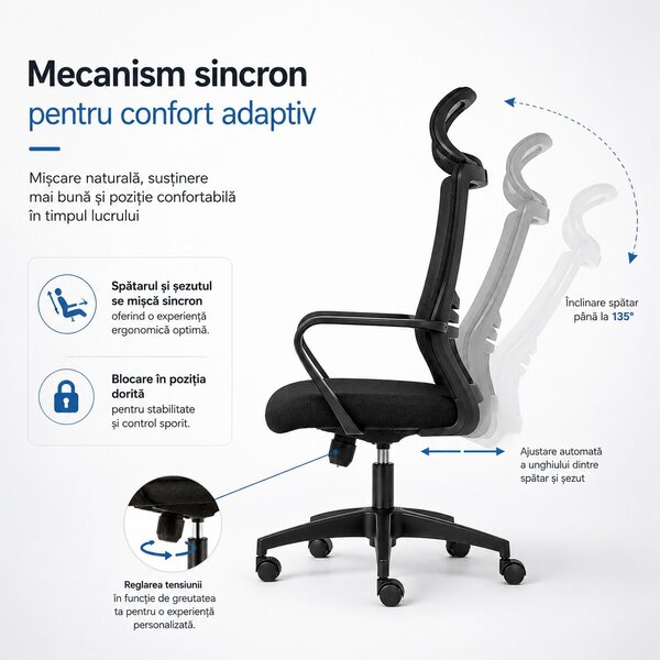 Ergonomikus, állítható irodai és gamer szék, sötétfekete, 2D fejtámla, szinkronmechanizmus, hálós háttámla a fokozott kényelemért