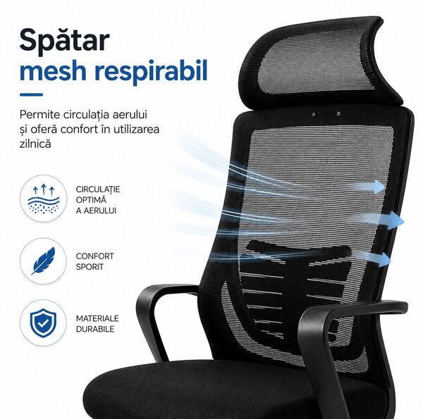 Ergonomikus, állítható irodai és gamer szék, sötétfekete, 2D fejtámla, szinkronmechanizmus, hálós háttámla a fokozott kényelemért