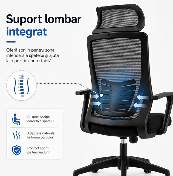 Ergonomikus, állítható irodai és gamer szék, sötétfekete, 2D fejtámla, szinkronmechanizmus, hálós háttámla a fokozott kényelemért