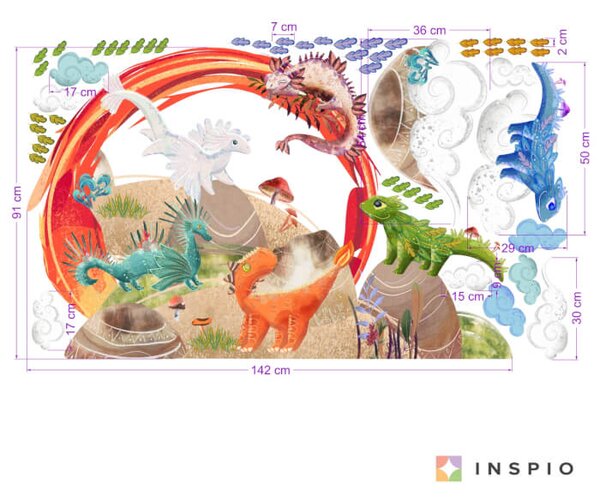 INSPIO - átragasztható textil matrica - Falmatrica - A sárkányok mesebeli birodalma