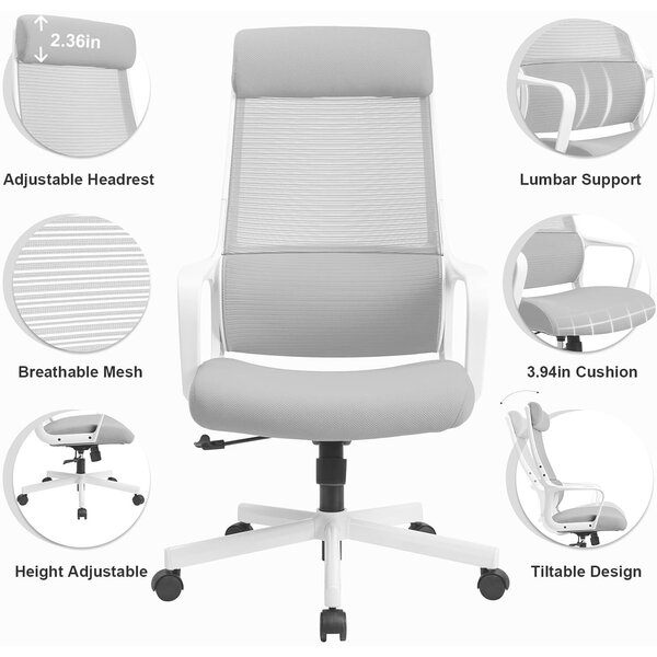 MELOKEA ergonómikus irodai szék, állítható fejtámla, S-alakú deréktámasz, állítható magasság, lélegző háló, teherbírás 150 kg, szín: szürke