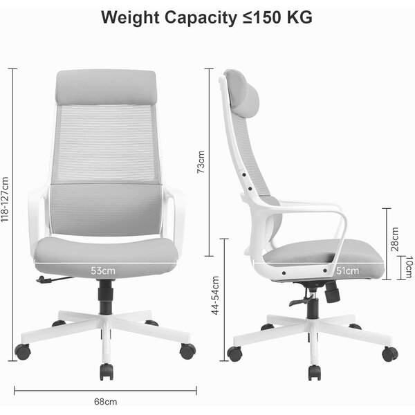 MELOKEA ergonómikus irodai szék, állítható fejtámla, S-alakú deréktámasz, állítható magasság, lélegző háló, teherbírás 150 kg, szín: szürke