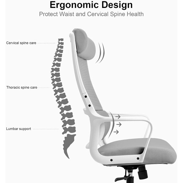 MELOKEA ergonómikus irodai szék, állítható fejtámla, S-alakú deréktámasz, állítható magasság, lélegző háló, teherbírás 150 kg, szín: szürke