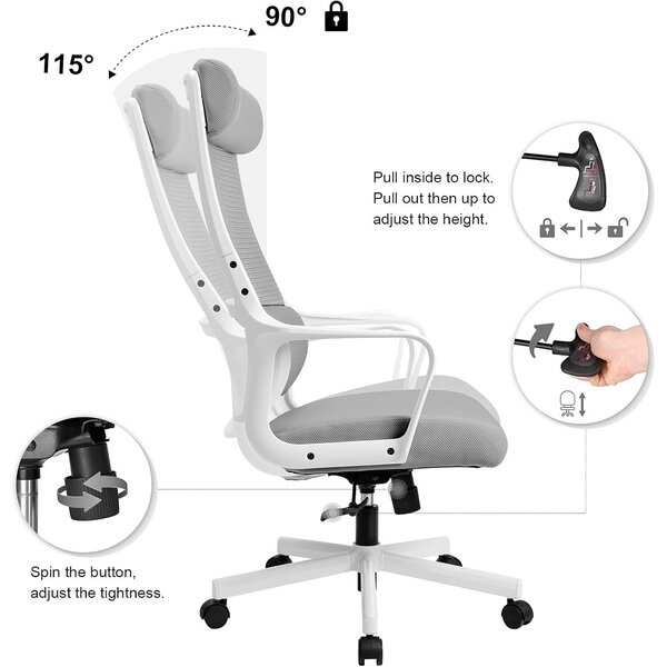 MELOKEA ergonómikus irodai szék, állítható fejtámla, S-alakú deréktámasz, állítható magasság, lélegző háló, teherbírás 150 kg, szín: szürke