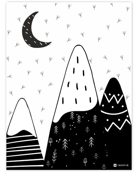Falikép - fekete-fehér dombok és hold