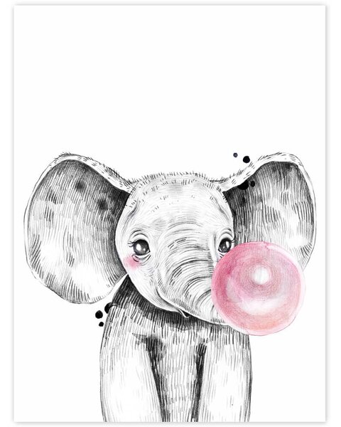 Faliképek - Elefánt rózsaszín buborékkal