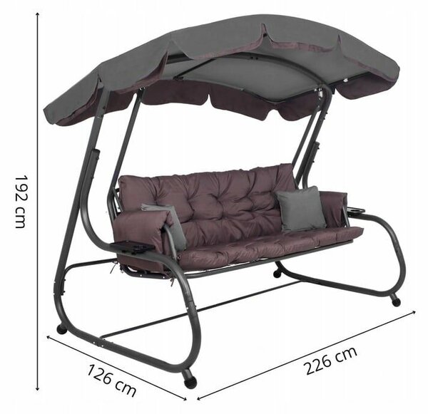 Kerti hintaágy 226x126x192 cm, 3 az 1-ben: hintaágy, ágy és relax, szúnyoghálóval, állítható tetővel, matraccal és párnákkal, szürke-barna