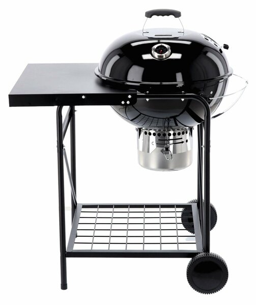 Acél faszenes grill, hamutartó tálcával, hőmérős fedővel, 90x71x111 cm