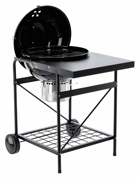 Acél faszenes grill, hamutartó tálcával, hőmérős fedővel, 90x71x111 cm