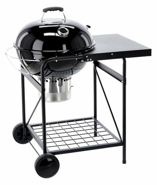 Acél faszenes grill, hamutartó tálcával, hőmérős fedővel, 90x71x111 cm