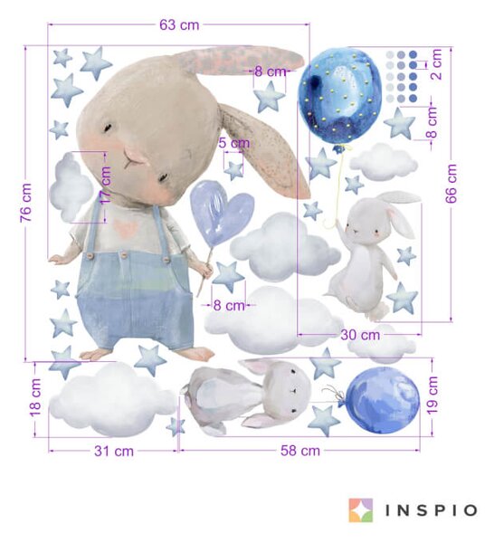 INSPIO - átragasztható textil matrica - Falmatrica - Kék nyuszik lufikkal