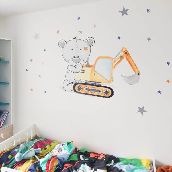 INSPIO - átragasztható textil matrica - Falmatrica fiúknak - Maci és építőipari autók gyerekszobába