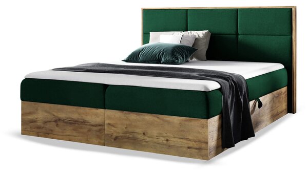 Wilsondo WOOD 2 kárpitozott boxspring ágy ágyneműtartóval és matracokkal - zöld Kronos Méret: 140x200