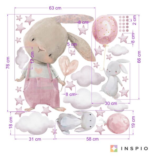 INSPIO - átragasztható textil matrica - Falmatrica - Akvarell nyuszi és kis nyuszik lufikkal
