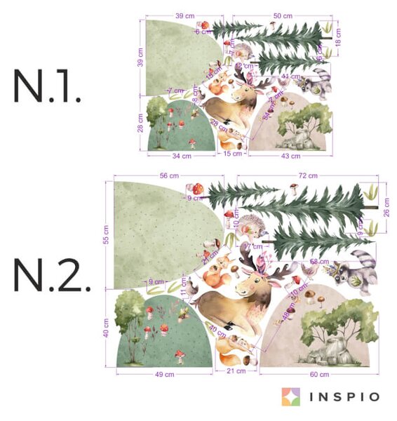 INSPIO - átragasztható textil matrica - Gyerek falmatricák - Állatok az erdőben, dombok és fák matrica
