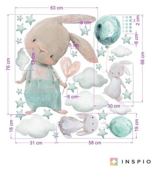 INSPIO - átragasztható textil matrica - Gyerek falmatrica - Nyuszik menta színű csillagokkal