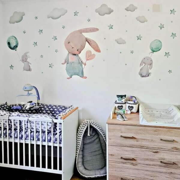 INSPIO - átragasztható textil matrica - Gyerek falmatrica - Nyuszik menta színű csillagokkal