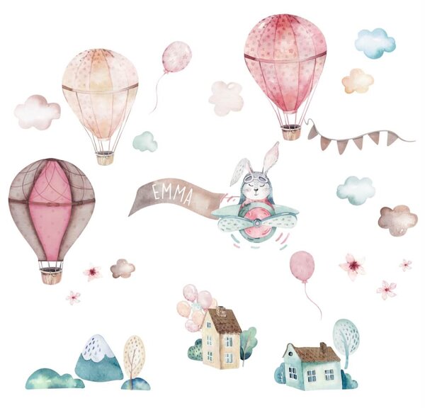 Kislány falmatrica - Rózsaszín hőlégballonok, nyuszi és házak