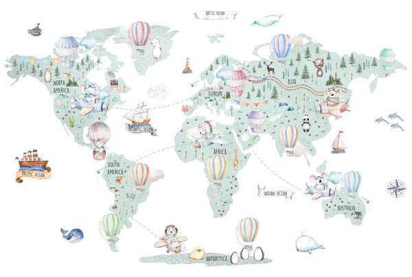 Világtérkép falmatrica - Hőlégballonok és járművek