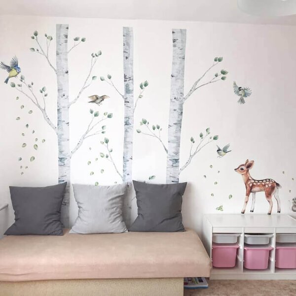 INSPIO - átragasztható textil matrica - Öntapadós falmatricák - Nyírfa madarakkal