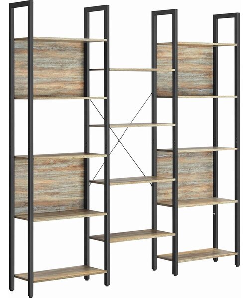 14 polcás fa könyvespolc fémkerettel, 24x158x166 cm, ipari stílus, tölgy és fekete