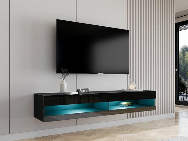 TV-állvány Vilrin, Közepes sűrűségű farostlemez, Laminált forgácslap, 30x180x40cm, Fényes fekete, Fekete