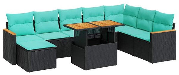 VidaXL 9 részes fekete polyrattan kerti ülőgarnitúra párnákkal